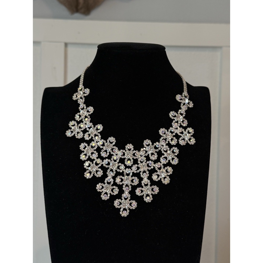 Y2K AB Rhinestone Floral Statement Necklace Set 20" Bridal Prom Earrings - Picture 4 of 4